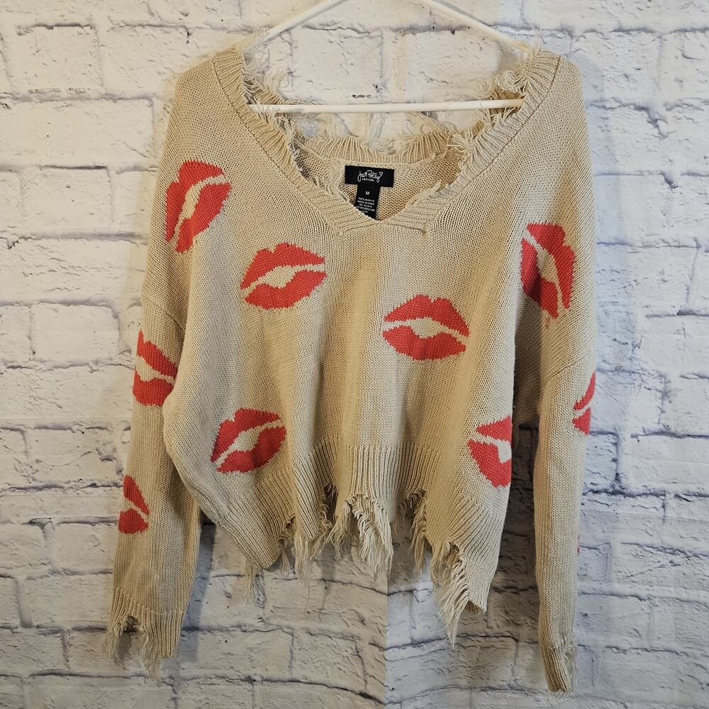 Just Polly New York Smooches Fringe Knit Pullover Sweater Medium Acrylic